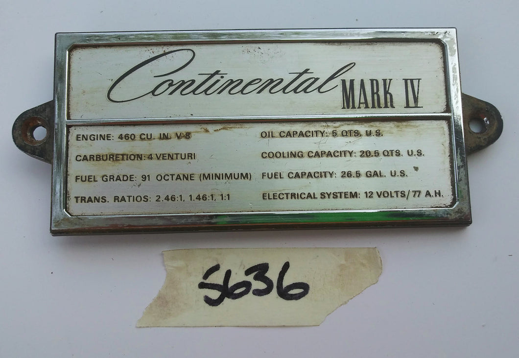 1974 Lincoln Continental MK IV data plaque
